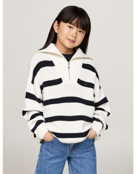 Jersey de rayas con media cremallera para niña Tommy Hilfiger en marfil