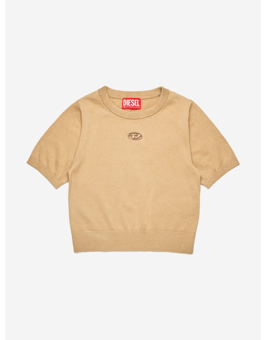 Top de punto de algodón ovalado D de niña en beige