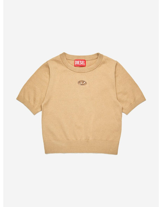 Top de punto de algodón ovalado D de niña en beige