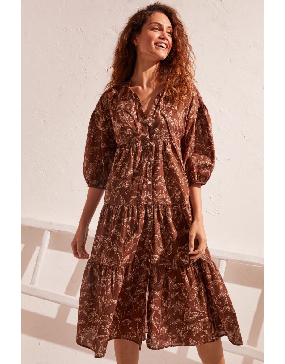 Túnica longa marrom estampada 100% algodão