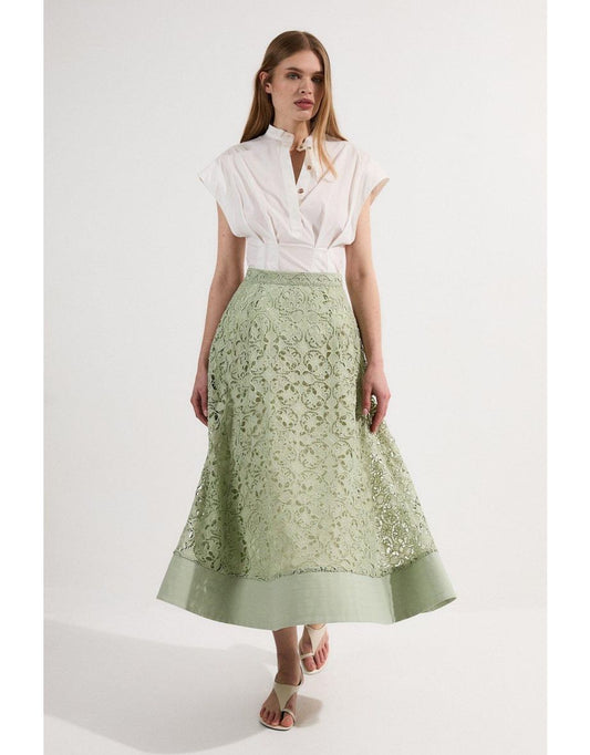 Gonna Midaxi in tessuto con ricamo cutwork