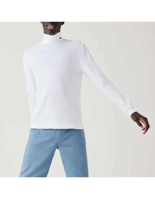Camiseta masculina Lacoste de manga longa com gola alta em piqué, branca