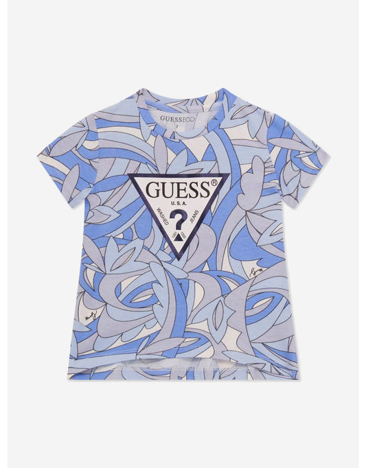 Camiseta azul de niña con logotipo abstracto estampado