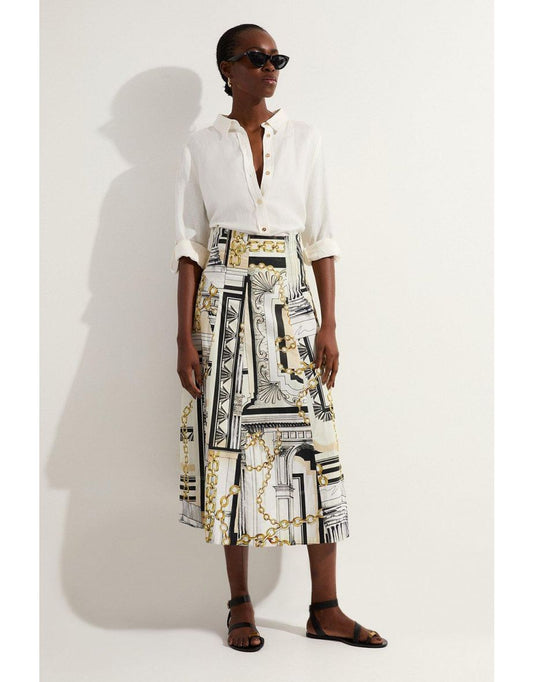 Gonna midi alta con stampa Roma in cotone e tessuto di sateen