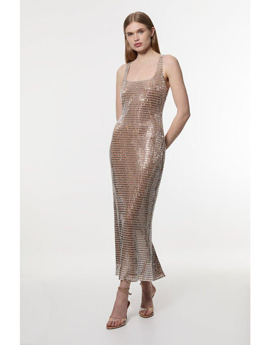 Vestido alto de punto con adornos de cristal