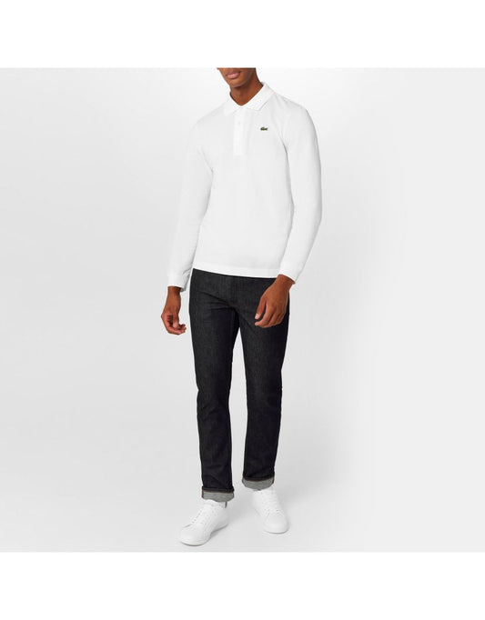 Camisa polo masculina Lacoste Slim Fit de manga longa - Branco