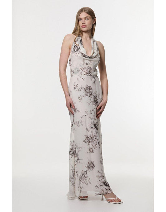 Vestido alto de viscose georgette floral com decote em V profundo e halteres