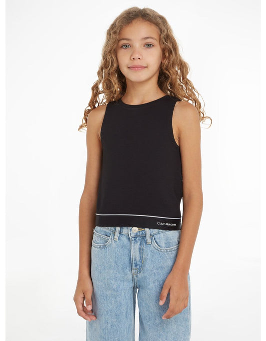Calvin Klein Girls' Logo Tape Sleeveless Punto Top em preto