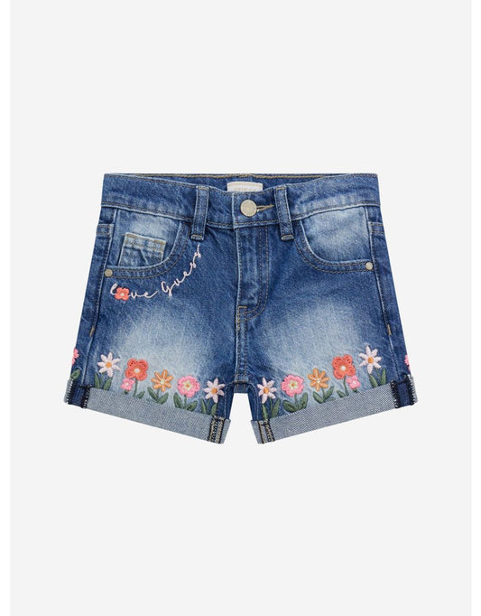 Pantaloncini di jeans blu da bambina con fiori ricamati