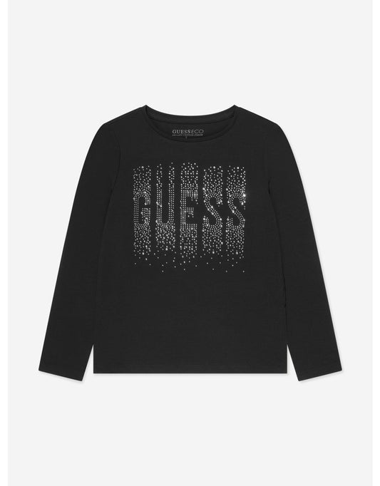 Camiseta negra de manga larga para niña con detalles de diamantes