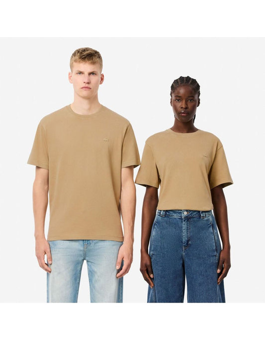 Camiseta masculina de algodão pesado Lacoste com efeito lavado em creme