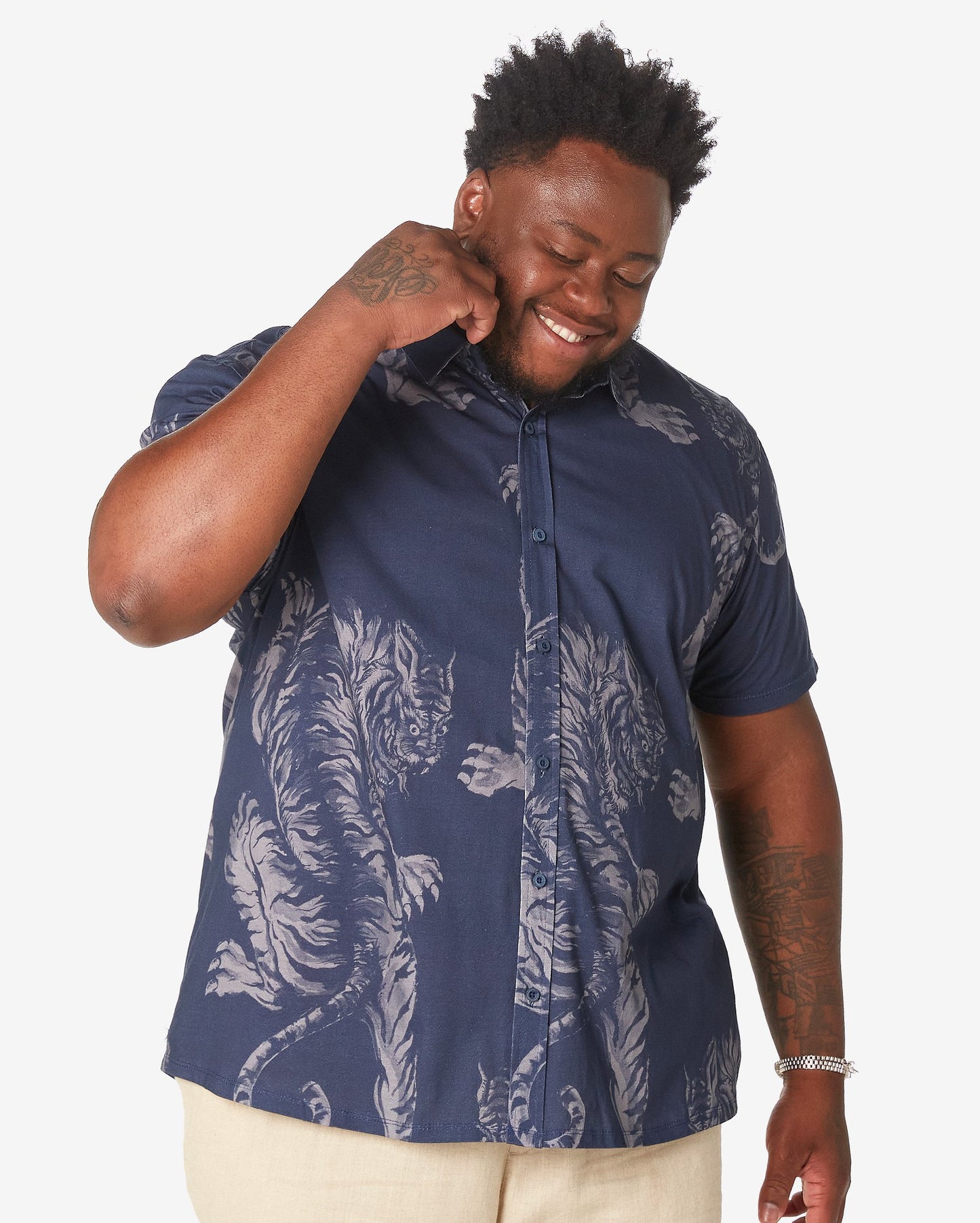 Camicia a maniche corte plus size da uomo con stampa tigre blu scuro - Allman By Riachuelo