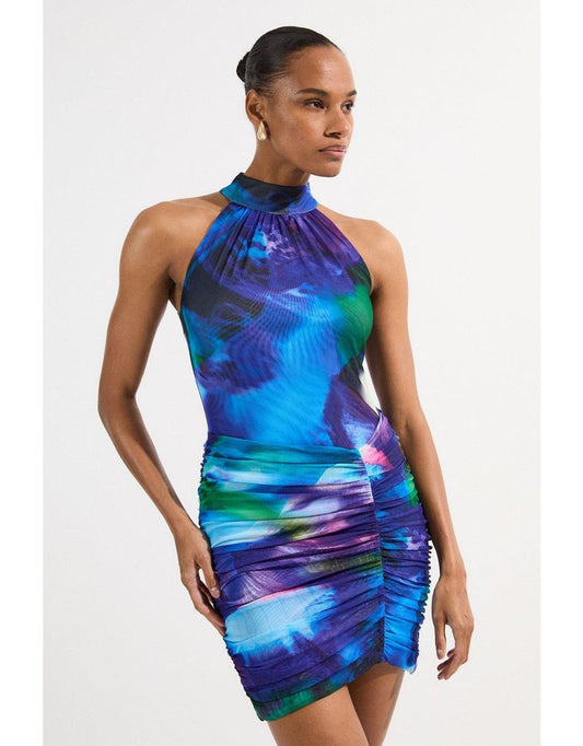 Vestido Petite Printed Mesh Jersey Halter Neck Mini