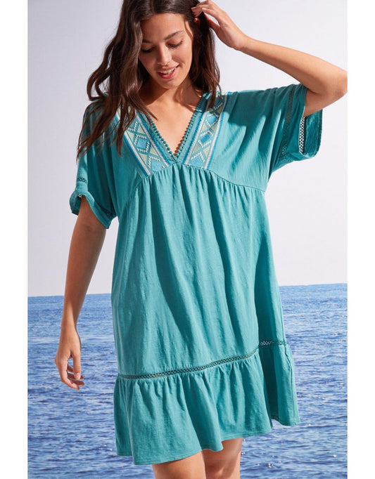 Vestido curto verde bordado 100% algodão