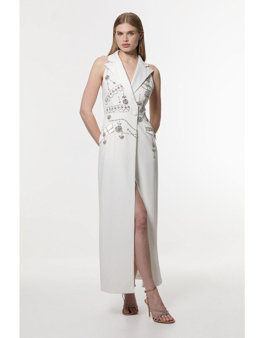 Vestido blazer sem mangas com cady embelezado com cristais