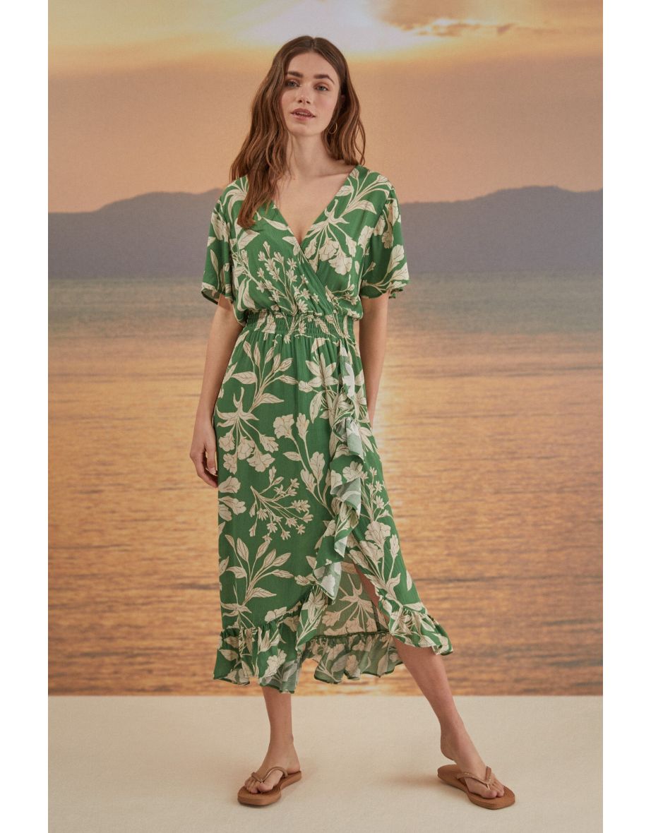 Vestido midi com babados florais verdes