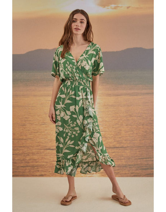 Vestido midi com babados florais verdes