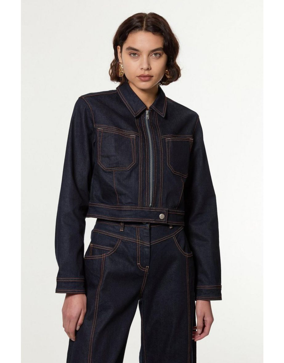 Giacca Petite in denim indaco con cuciture a contrasto e chiusura a zip