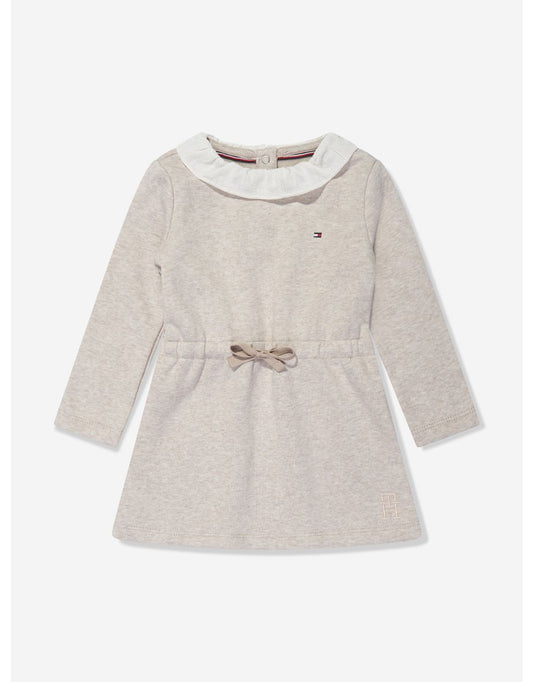 Vestido beige para bebé niña con cuello de encaje