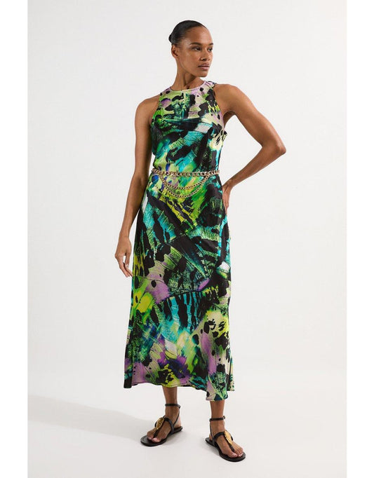 Vestido maxi de cetim de viscose com estampa de borboleta