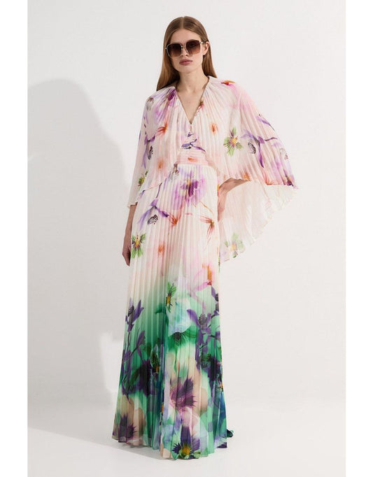 Vestido maxi de tecido com decote em V profundo com mangas de capa floral plissada