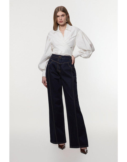 Jeans Petite a gamba dritta in denim indaco con cuciture a contrasto