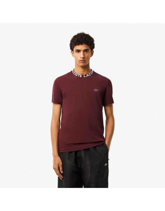 Camiseta masculina Lacoste de piqué leve com gola jacquard em vermelho