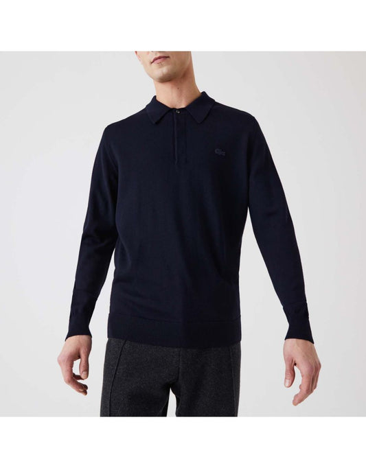 Suéter masculino Lacoste com gola polo de lã merino em azul