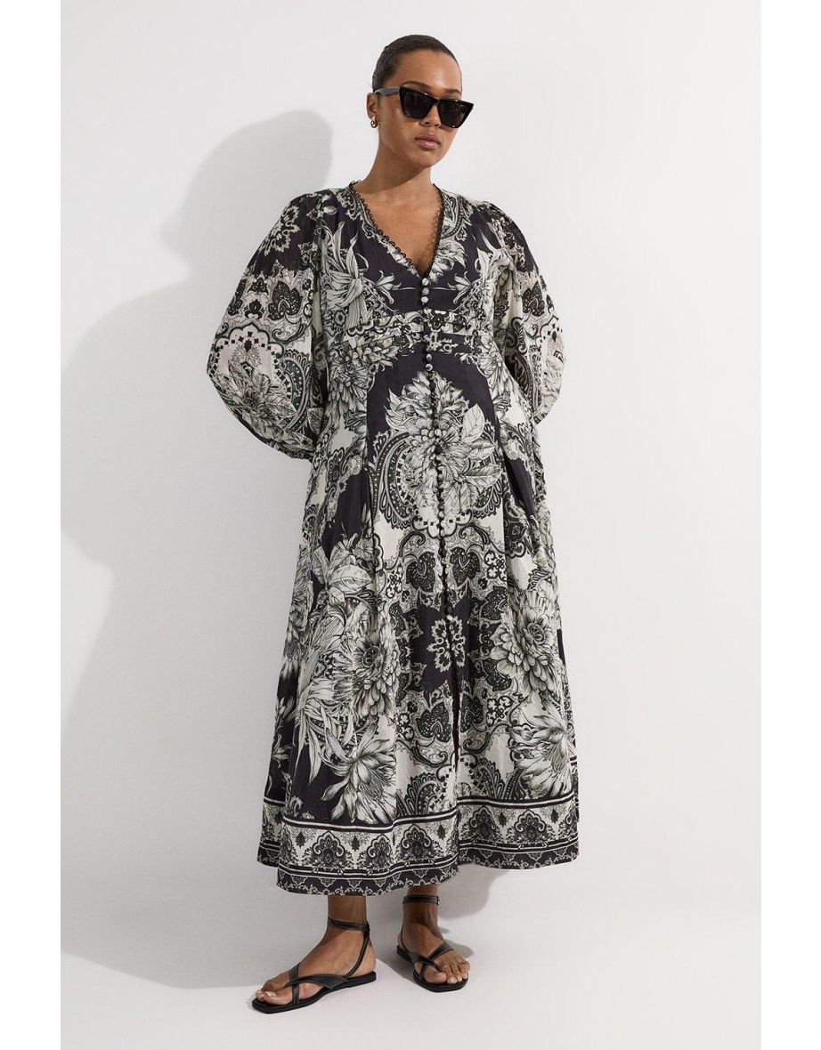 Vestido maxi de tecido com decote profundo de algodão de seda plus size
