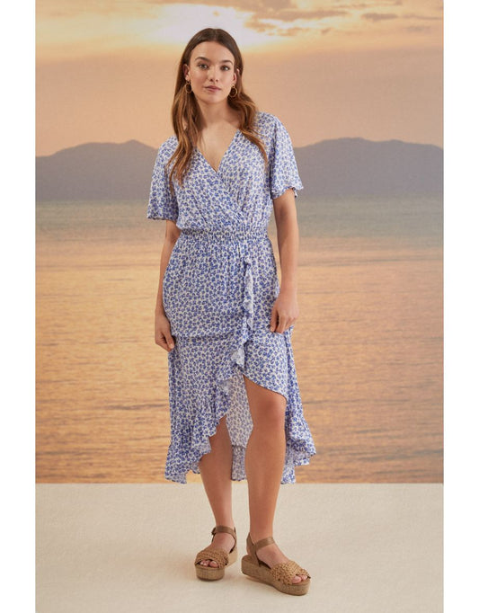 Vestido midi com babados florais azuis