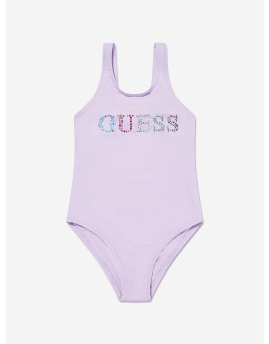 Costume da bagno con logo da bambina in viola