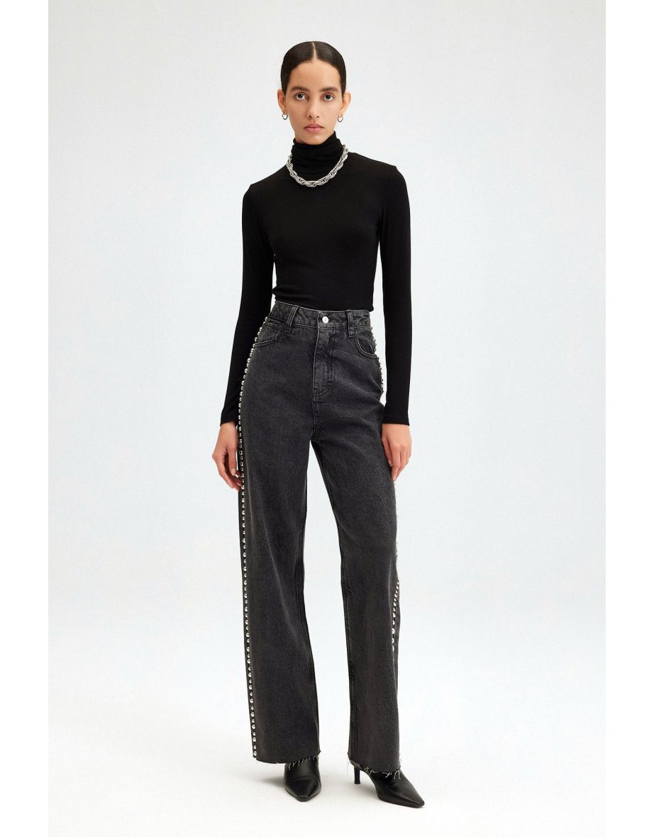 Pantaloni in denim a vita alta e gamba larga