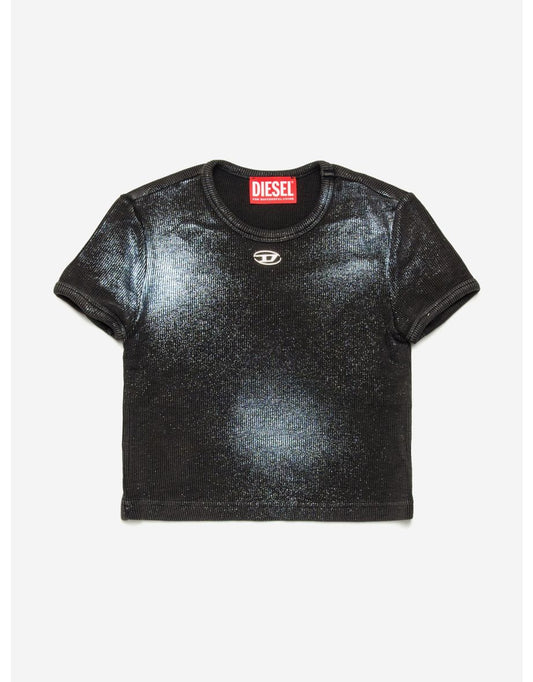 Camiseta D ovalada con brillo metálico negra para niña