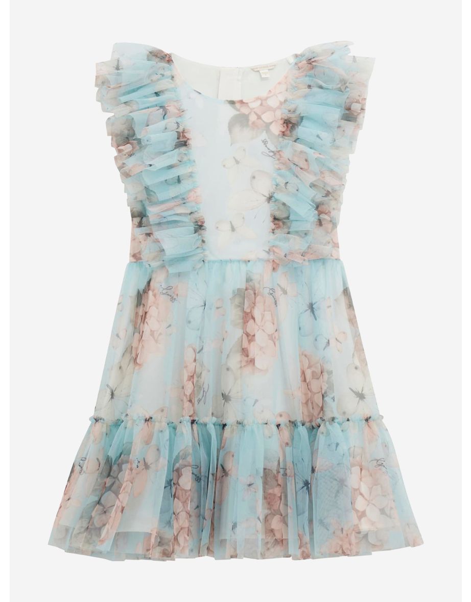 Vestito da bambina in tulle con collage di farfalle in blu