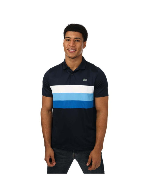 Polo Lacoste da uomo blu con strisce tricolori