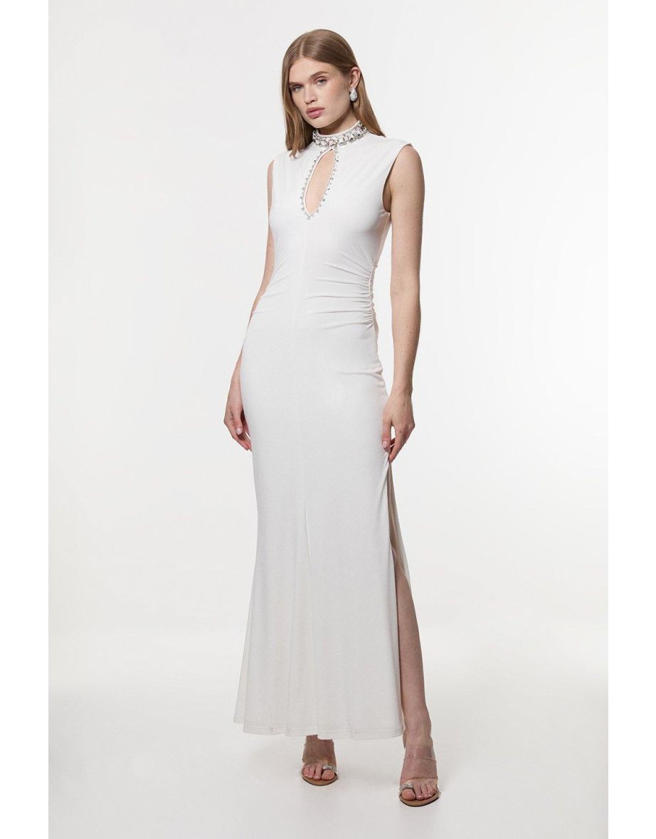 Vestido alto de crepe de jérsei embelezado