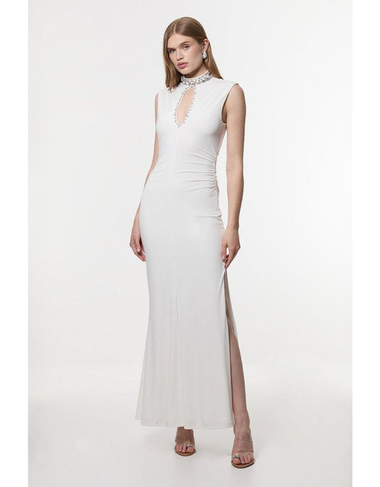 Vestido alto de crepe de jérsei embelezado