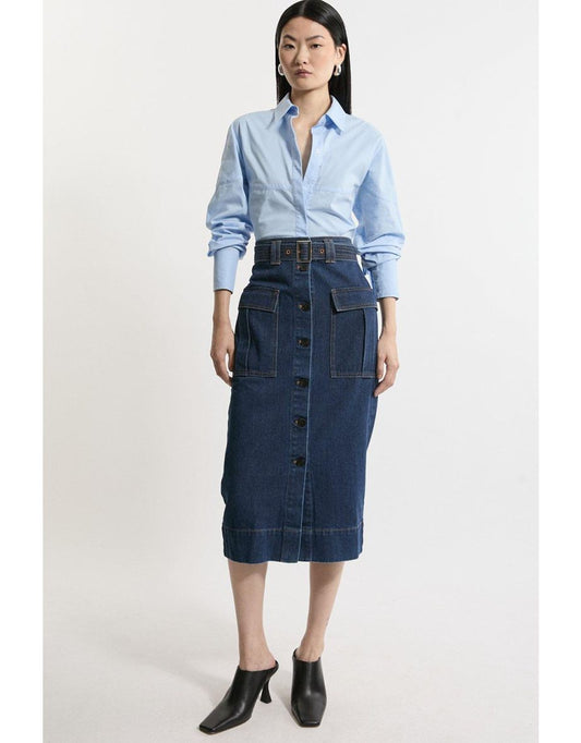 Gonna midi in denim con tasche cargo e cintura