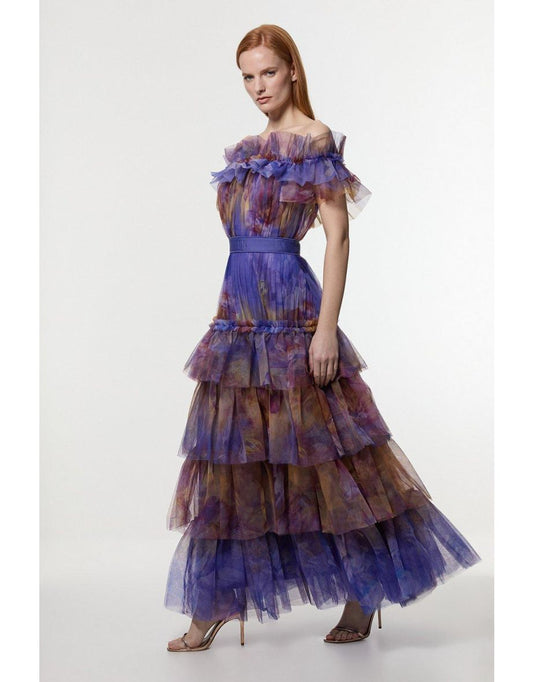 Vestido maxi de ombros caídos com tule estampado floral