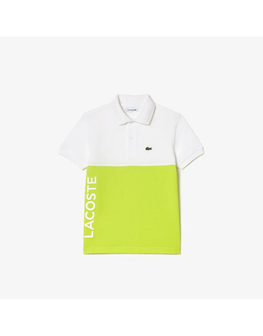 Polo Lacoste in cotone organico colorblock da bambino in bianco