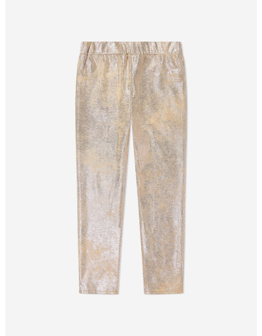 Leggings da bambina in pelle scamosciata con lamina d'oro