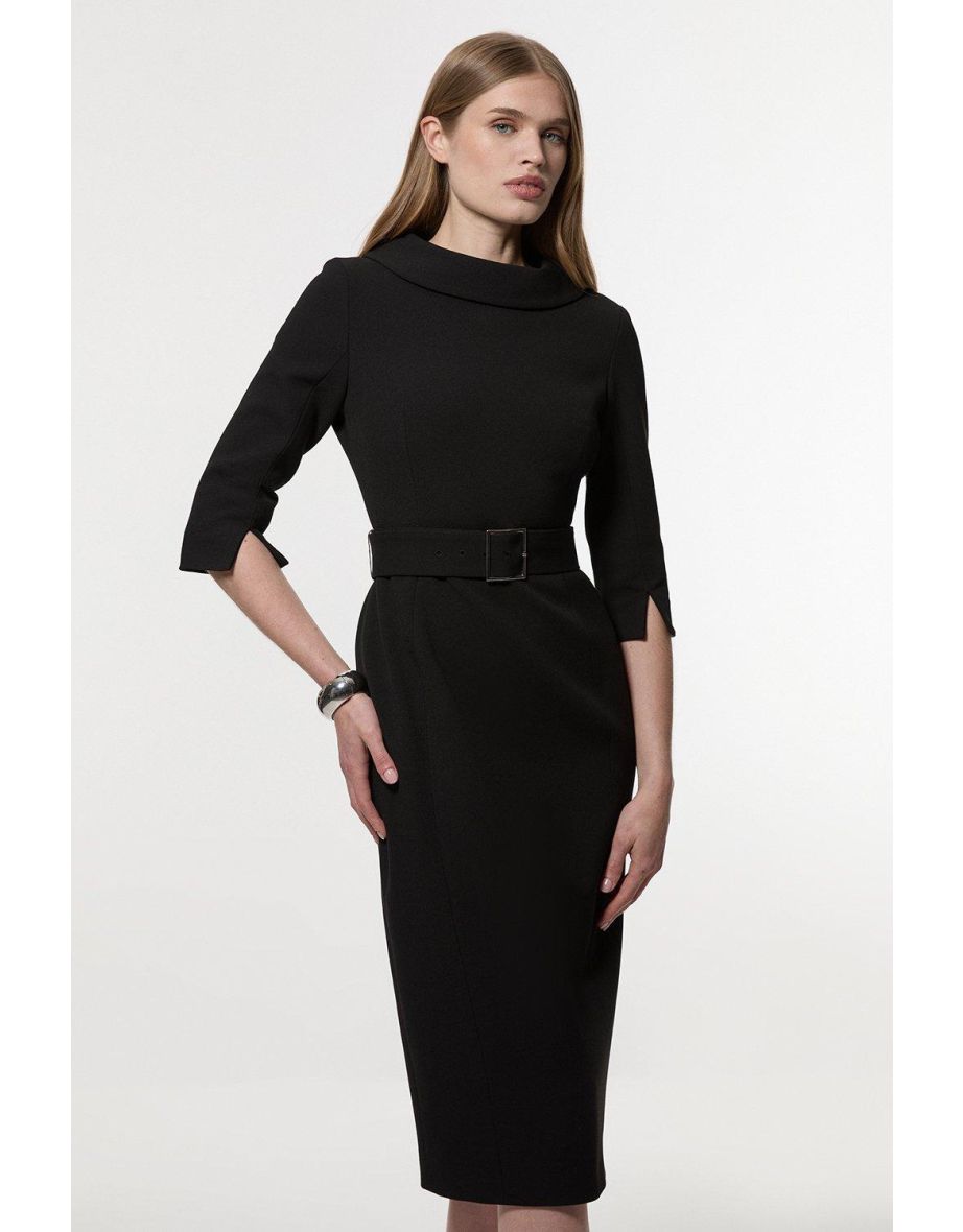 Vestido midi lápiz de crepé estructurado a medida con cuello alto