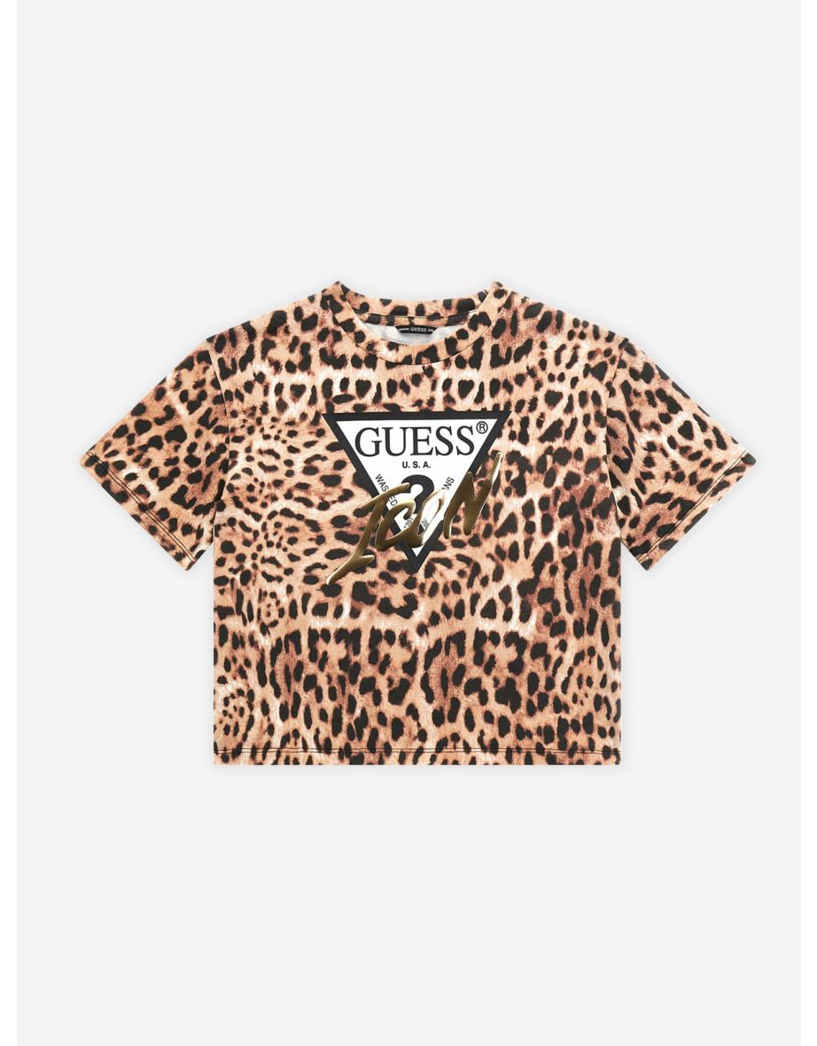 Camiseta con logo estampado de leopardo marrón Guess para niña
