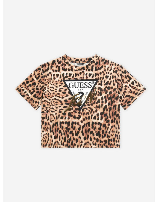 Camiseta con logo estampado de leopardo marrón Guess para niña