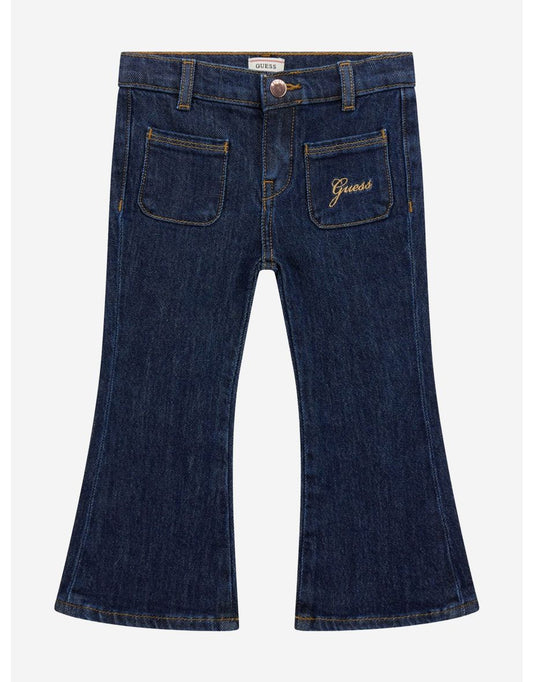 Jeans comodi da bambina in denim blu con vestibilità svasata