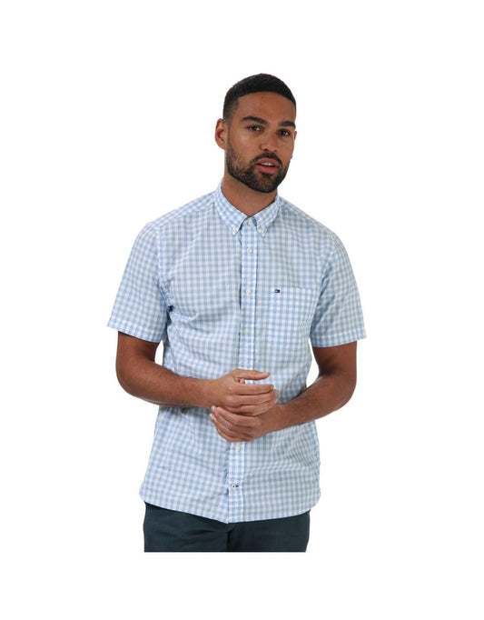 Tommy Hilfiger Uomo Camicia a maniche corte in percalle blu
