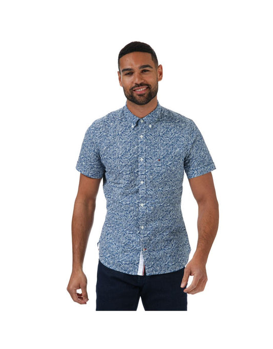 Camicia a maniche corte da uomo con stampa a foglie blu di Tommy Hilfiger