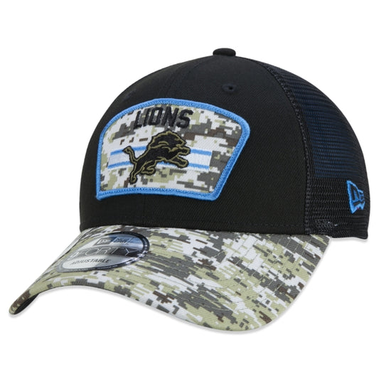 Cappello esclusivo New Era - 9FORTY Trucker Detroit Lions Salute To Service NFL Snapback a tesa curva Edizione nera