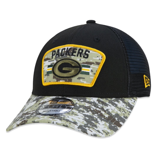 Berretto esclusivo New Era - 9FORTY Trucker Green Bay Packers Salute To Service NFL Snapback a tesa curva Edizione nera