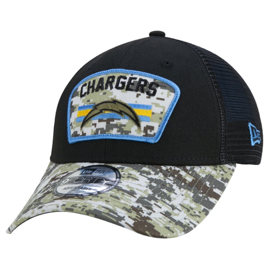 Cappello esclusivo New Era - 9FORTY Trucker Los Angeles Chargers Salute To Service NFL Snapback a tesa curva Edizione nera